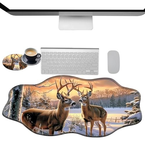 Extra großes Gaming-Mauspad, XXL-Schreibtischunterlage (35,4 x 15,7 cm) mit genähten Kanten, Winter-Hirsch, rutschfestes, verlängertes Mauspad, Tastatur-Mauspad, weiche, lange Schreibtischunterlage von BWEGRHE