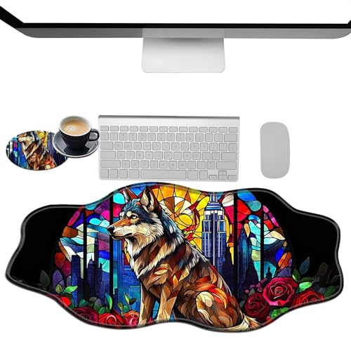 Extra großes Gaming-Mauspad, XXL-Schreibtischunterlage (35,4 x 15,7 cm) mit genähten Kanten, Wolfsglas, rutschfestes, erweitertes Mauspad, Tastatur-Mauspad, weiche, lange Schreibtischunterlage für von BWEGRHE