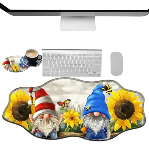 Extra großes Gaming-Mauspad, XXL-Schreibtischunterlage (35,4 x 15,7 cm) mit genähten Kanten, Zwerg, Sonnenblumengarten, rutschfestes, erweitertes Mauspad, Tastatur-Mauspad, weiche lange von BWEGRHE