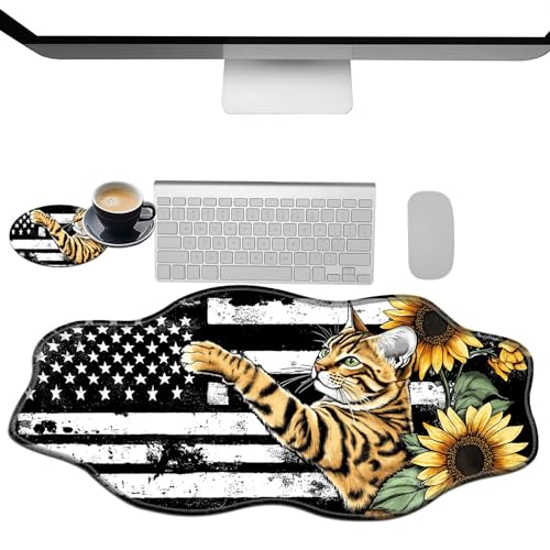 Extra großes Gaming-Mauspad, XXL-Schreibtischunterlage (35,4 x 15,7 cm) mit genähten Kanten, amerikanische Flagge, Katze, Sonnenblume, rutschfest, verlängertes Mauspad, Tastatur-Mauspad, weiche, lange von BWEGRHE