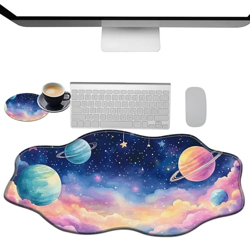 Extra großes Gaming-Mauspad, XXL-Schreibtischunterlage (35,4 x 15,7 cm) mit genähten Kanten, bunte Planeten, Himmel, rutschfestes, erweitertes Mauspad, Tastatur-Mauspad, weiche, lange von BWEGRHE
