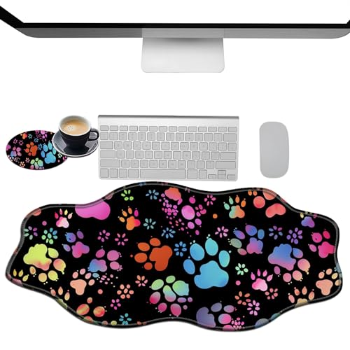 Extra großes Gaming-Mauspad, XXL-Schreibtischunterlage (35,4 x 15,7 cm) mit genähten Kanten, farbige Hundepfoten, rutschfest, verlängertes Mauspad, Tastatur-Mauspad, weiche, lange von BWEGRHE
