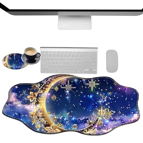 Extra großes Gaming-Mauspad, XXL-Schreibtischunterlage (35,4 x 15,7 cm) mit genähten Kanten, goldener Mond, violetter Sternenhimmel, rutschfestes, erweitertes Mauspad, Tastatur-Mauspad, weiche lange von BWEGRHE