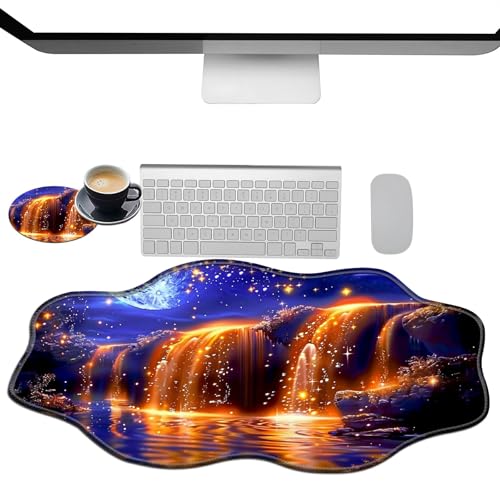 Extra großes Gaming-Mauspad, XXL-Schreibtischunterlage (35,4 x 15,7 cm) mit genähten Kanten, goldener Wasserfall, Mondschein, Nacht, rutschfestes, erweitertes Mauspad, Tastatur-Mauspad, weiche, lange von BWEGRHE