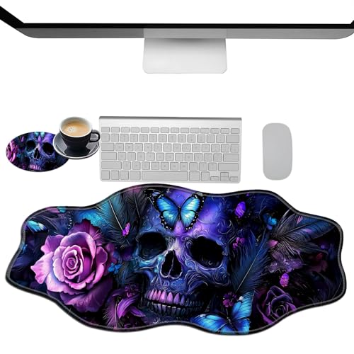 Extra großes Gaming-Mauspad, XXL-Schreibtischunterlage (35,4 x 15,7 cm) mit genähten Kanten, lila Totenkopf-Rose, rutschfestes, erweitertes Mauspad, Tastatur-Mauspad, weiche lange von BWEGRHE