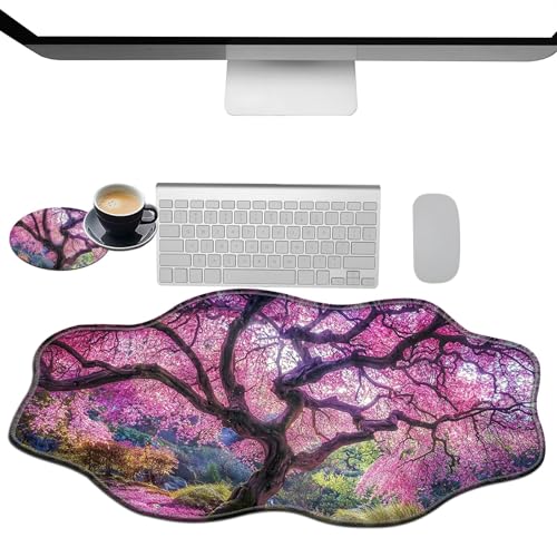 Extra großes Gaming-Mauspad, XXL-Schreibtischunterlage (35,4 x 15,7 cm) mit genähten Kanten, rosa Kirschblütenbaum, rutschfestes, erweitertes Mauspad, Tastatur-Mauspad, weiche, lange von BWEGRHE