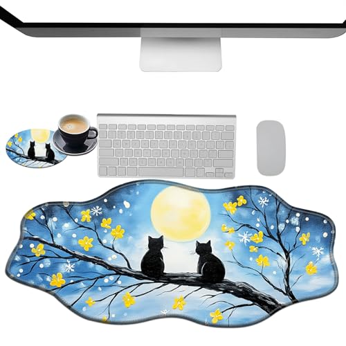 Extra großes Gaming-Mauspad, XXL-Schreibtischunterlage (35,4 x 15,7 cm) mit genähten Kanten, schwarze Katzen, Mondschein, Nacht, rutschfest, verlängertes Mauspad, Tastatur-Mauspad, weiche, lange von BWEGRHE