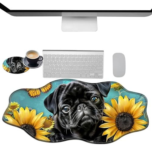 Extra großes Gaming-Mauspad, XXL-Schreibtischunterlage (35,4 x 15,7 cm) mit genähten Kanten, schwarzer Hund, Sonnenblumen, rutschfestes, verlängertes Mauspad, Tastatur-Mauspad, weiche lange von BWEGRHE