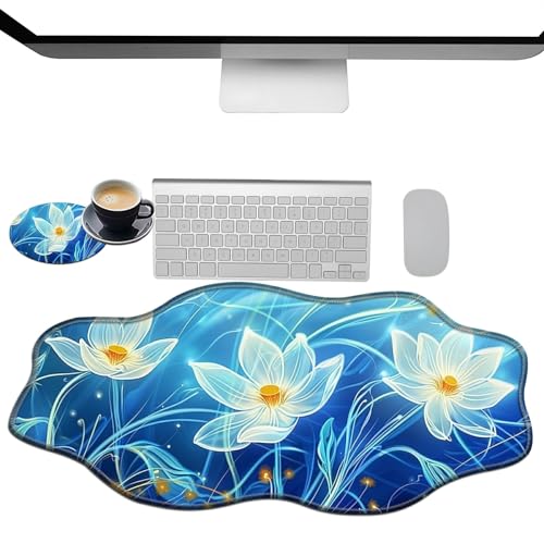 Extra großes Gaming-Mauspad, XXL-Schreibtischunterlage (35,4 x 15,7 cm) mit genähten Kanten, weiße Blumen, Blau, rutschfestes, erweitertes Mauspad, Tastatur-Mauspad, weiche, lange von BWEGRHE