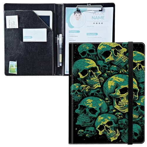 Padfolio mit Klemmbrett, PU-Leder-Portfolio-Mappe, A4-Größe, Schreibklemmbrett, Aufbewahrung mit Notizblock/Visitenkarte/Bargeldtaschen für Business, Schule, Büro, Neongrüner Totenkopf Padfolio mit Klemmbrett, PU-Leder-Portfolio-Mappe, A4-Größe, Schreibklemmbrett, Aufbewahrung mit Notizblock/Visitenkarte/Bargeldtaschen für Business, Schule, Büro, Neongrüner Totenkopf von BWEGRHE