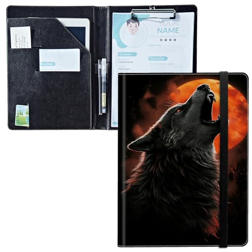 Padfolio mit Klemmbrett, PU-Leder-Portfolio-Mappe, A4-Größe, Schreibklemmbrett, Aufbewahrung mit Notizblock/Visitenkarte/Bargeldtaschen für Business, Schule, Büro, Wolf-Rot, Vollmond Padfolio mit Klemmbrett, PU-Leder-Portfolio-Mappe, A4-Größe, Schreibklemmbrett, Aufbewahrung mit Notizblock/Visitenkarte/Bargeldtaschen für Business, Schule, Büro, Wolf-Rot, Vollmond von BWEGRHE