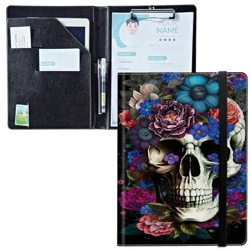 Padfolio mit Klemmbrett, PU-Leder-Portfolio-Mappe, A4-Größe, Schreibklemmbrett, Aufbewahrung mit Notizblock/Visitenkarte/Bargeldtaschen für Business, Schule, Büro, Zuckerschädel Blume Padfolio mit Klemmbrett, PU-Leder-Portfolio-Mappe, A4-Größe, Schreibklemmbrett, Aufbewahrung mit Notizblock/Visitenkarte/Bargeldtaschen für Business, Schule, Büro, Zuckerschädel Blume von BWEGRHE