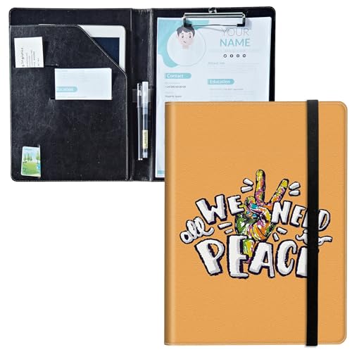 Padfolio mit Klemmbrett, PU-Leder-Portfolio-Ordner, A4-Größe, Schreib-Klemmbrett, Aufbewahrung mit Notizblock/Visitenkarten/Bargeldfächern für Business, Schule, Büro, buntes Handfriedenszeichen von BWEGRHE