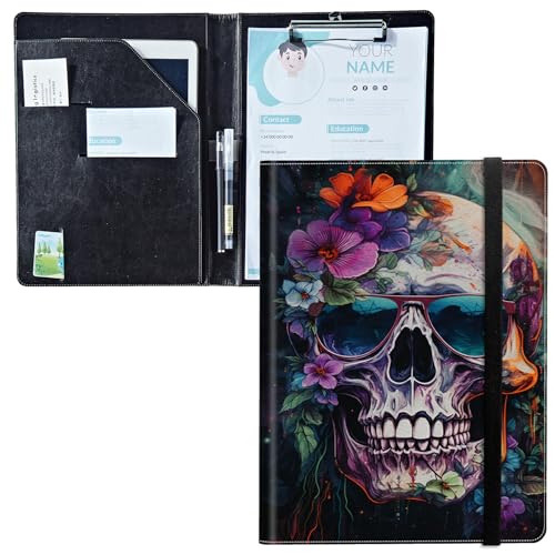 Padfolio mit Klemmbrett, PU-Leder-Portfolio-Ordner, A4-Größe, Schreibklemmbrett, Aufbewahrung mit Notizblock/Visitenkarte/Bargeldtaschen für Business, Schule, Büro, Brille, Zuckerschädel Padfolio mit Klemmbrett, PU-Leder-Portfolio-Ordner, A4-Größe, Schreibklemmbrett, Aufbewahrung mit Notizblock/Visitenkarte/Bargeldtaschen für Business, Schule, Büro, Brille, Zuckerschädel von BWEGRHE