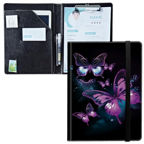 Padfolio mit Klemmbrett, PU-Leder-Portfolio-Ordner, A4-Größe, Schreibklemmbrett, Aufbewahrung mit Notizblock/Visitenkarte/Bargeldtaschen für Business, Schule, Büro, Kunst-Schmetterling von BWEGRHE