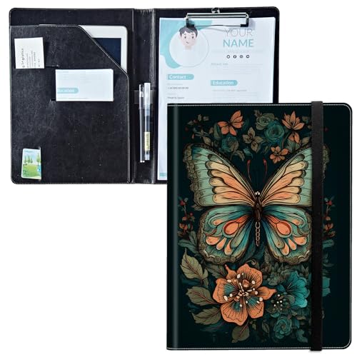 Padfolio mit Klemmbrett, PU-Leder-Portfolio-Ordner, A4-Größe, Schreibklemmbrett, Aufbewahrung mit Notizblock/Visitenkarte/Bargeldtaschen für Business, Schule, Büro, Schmetterling mit Blumen Padfolio mit Klemmbrett, PU-Leder-Portfolio-Ordner, A4-Größe, Schreibklemmbrett, Aufbewahrung mit Notizblock/Visitenkarte/Bargeldtaschen für Business, Schule, Büro, Schmetterling mit Blumen von BWEGRHE