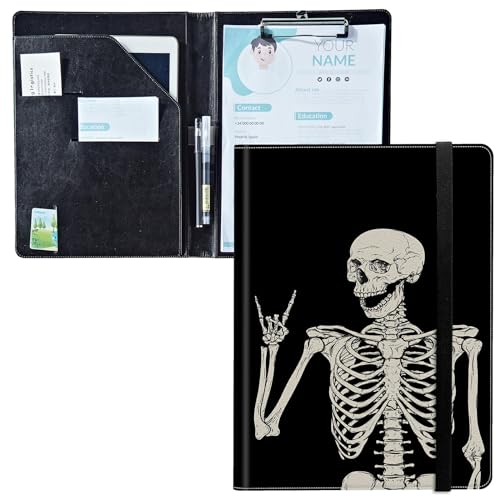 Padfolio mit Klemmbrett, PU-Leder-Portfolio-Ordner, A4-Größe, Schreibklemmbrett, Aufbewahrung mit Notizblock/Visitenkarte/Bargeldtaschen für Business, Schule, Büro, Totenkopf-Skelett Padfolio mit Klemmbrett, PU-Leder-Portfolio-Ordner, A4-Größe, Schreibklemmbrett, Aufbewahrung mit Notizblock/Visitenkarte/Bargeldtaschen für Business, Schule, Büro, Totenkopf-Skelett von BWEGRHE