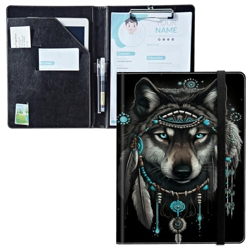 Padfolio mit Klemmbrett, PU-Leder-Portfolio-Ordner, A4-Größe, Schreibklemmbrett, Aufbewahrung mit Notizblock/Visitenkarte/Bargeldtaschen für Business, Schule, Büro, Traumfänger, Wolf Padfolio mit Klemmbrett, PU-Leder-Portfolio-Ordner, A4-Größe, Schreibklemmbrett, Aufbewahrung mit Notizblock/Visitenkarte/Bargeldtaschen für Business, Schule, Büro, Traumfänger, Wolf von BWEGRHE