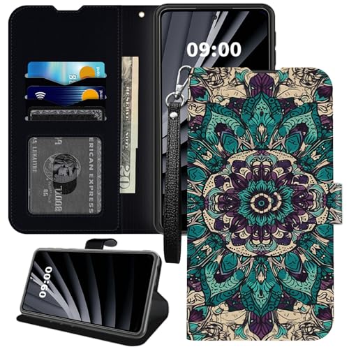 Retro-Mandalas-Schutzhülle für Google Pixel 8A, PU-Leder mit TPU-Hülle, Flip-Magnetschnalle, Ständer, mit Kreditkartenschlitz, Handschlaufe von BWEGRHE