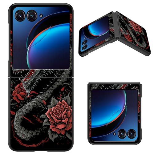 Schlanke Schutzhülle für Moto Razr Plus 2023 mit Drachenroten Rosen, hartes Polycarbonat, stoßfest, kabelloses Laden, für Damen und Mädchen, Klapphülle für Motorola Razr+ (2023)/Moto Razr 40 Ultra von BWEGRHE