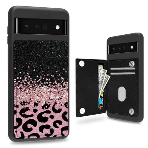 Schutzhülle für Google Pixel 6 Pro, 17 cm (6,7 Zoll), mit Kartenfach, Geldbörsenschlitz, Leder, Klappetui, Ständer, Magnetverschluss, Rosa mit Glitzer-Leoparden-Design von BWEGRHE