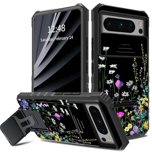 Schutzhülle für Google Pixel 8 Pro, buntes Wildblumen-Design mit Schiebe-Kamera-Abdeckung, zweilagig, stoßfest, TPU-Stoßdämpfer, für Herren und Damen, mit klappbarem Ständer (2 Standmöglichkeiten) für Schutzhülle für Google Pixel 8 Pro, buntes Wildblumen-Design mit Schiebe-Kamera-Abdeckung, zweilagig, stoßfest, TPU-Stoßdämpfer, für Herren und Damen, mit klappbarem Ständer (2 Standmöglichkeiten) für von BWEGRHE