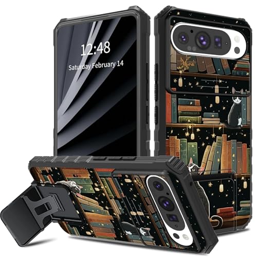 Schutzhülle für Google Pixel 9 Pro XL mit niedlichem Katzen-Bücherregal mit Schiebe-Kamera-Abdeckung, zweilagig, stoßfest, TPU-Bumper mit klappbarem Ständer (2 Standmöglichkeiten) für Google Pixel 9 von BWEGRHE