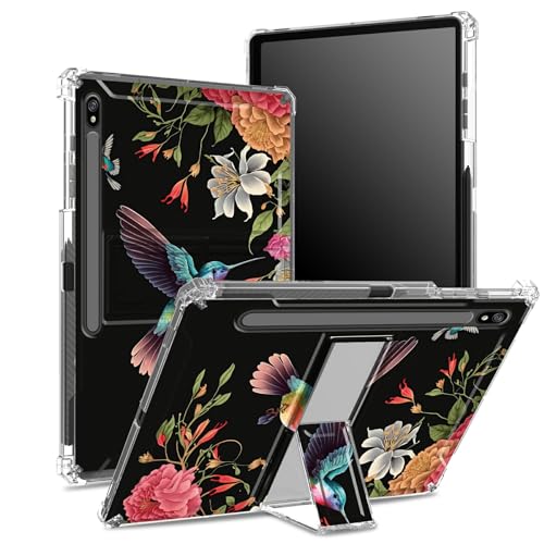Schutzhülle für Samsung Galaxy Tab S8 Plus 2022/S7 FE 2021/S7 Plus 2020, 12,5 Zoll (31,5 cm), weiche Hülle mit S-Stifthalter, transparente Rückseite mit Kolibri-Blumen, Eckenschutz mit hartem Ständer von BWEGRHE