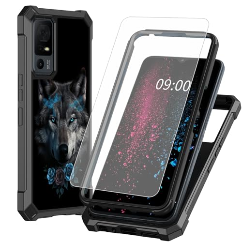 Schutzhülle für TCL 40 XE 5G 17,1 cm (6,7 Zoll), Wolfsblau-Rosen-Design, mit Displayschutzfolie aus gehärtetem Glas, 2-lagig, stoßfeste TPU-Ecke + integrierter Rahmen, Stoßfänger von BWEGRHE