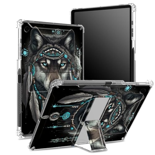 Schutzhülle für iPad 10,2 Zoll (Modell 2021/2020/2019, 9/8/7 Generation), transparente Rückseite mit Traumfänger-Wolf, Eckenschutz, stoßfeste Abdeckung mit hartem Ständer von BWEGRHE