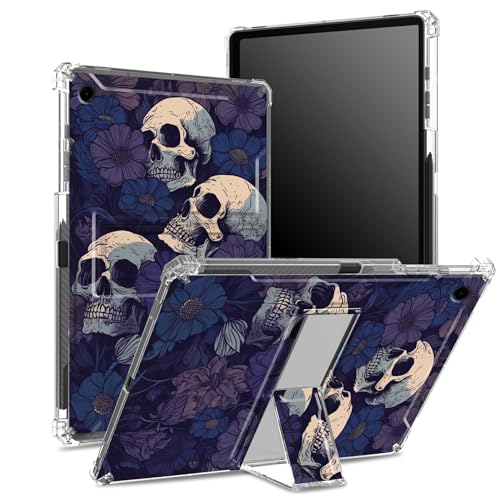 Schutzhülle für iPad 10,2 Zoll (Modell 2021/2020/2019, 9/8/7 Generation) mit Stifthalter, transparente Rückseite mit violettem Blumenschädel, Eckenschutz, stoßfeste Abdeckung mit hartem Ständer von BWEGRHE