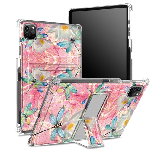 Schutzhülle für iPad Pro 12,9 Zoll (2022/2021/2020, 6. / 5. / 4. Generation) mit Stifthalter, transparente Rückseite mit rosa Libelle, stoßfeste Eckabdeckung mit Ständer von BWEGRHE