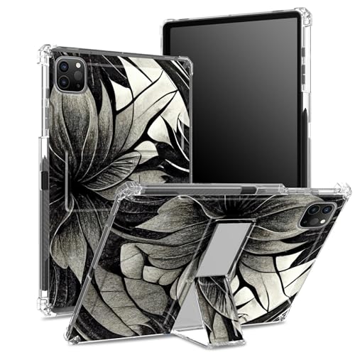 Schutzhülle für iPad Pro 12,9 Zoll (2022/2021/2020, 6. / 5. / 4. Generation) mit Stifthalter, transparente Rückseite mit schwarz-weißem Lotus, stoßfeste Eckabdeckung mit Ständer von BWEGRHE