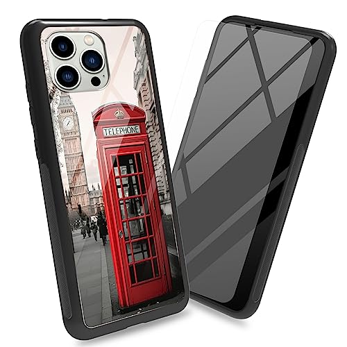 Schutzhülle für iPhone 14 Pro, 15,5 cm (6,1 Zoll), mit Displayschutzfolie, Rückseite aus gehärtetem Glas, rote Telefonzelle in London, weicher TPU-Stoßfängerrahmen, modisch, für Damen und Herren von BWEGRHE