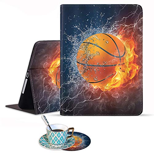 iPad 9.7 2018/2017 Hülle, iPad Air/Air 2 Hülle mit Untersetzer-Set, Folio-Abdeckung mit automatischer Wake/Sleep-Funktion für Apple iPad 6. / 5. Generation – brennendes Basketball, Feuer und Wasser von BWOOLL