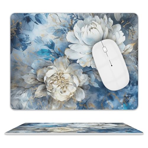 Mauspad, quadratisch, blaue und weiße Blumen, Leder, rutschfeste Gummiunterseite, kleines Mauspad (20,3 x 25,4 cm) von BWQSKL