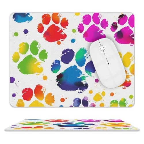 Mauspad, quadratisch, bunt, Hundepfotenabdruck, Leder, rutschfeste Gummiunterseite, kleines Mauspad (20,3 x 25,4 cm) von BWQSKL