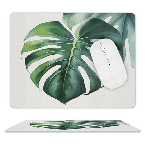 Quadratisches Mauspad, Aquarell-Monstera-Blatt, Leder, rutschfeste Gummiunterseite, kleines Mauspad (20,3 x 25,4 cm) von BWQSKL