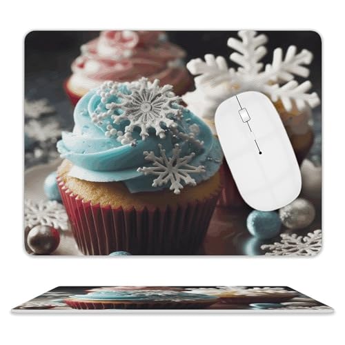 Quadratisches Mauspad, Cupcakes und Schneeflocken, Leder-Mauspads, rutschfeste Gummiunterseite, kleines Mauspad (20,3 x 25,4 cm) von BWQSKL