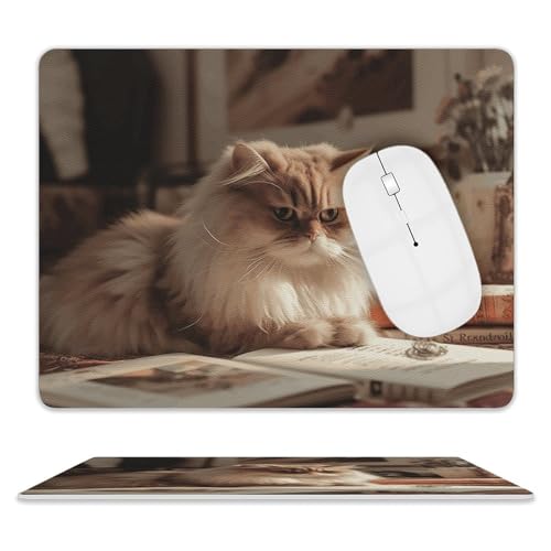 Quadratisches Mauspad, Motiv: Lernende Katze, Leder, rutschfeste Gummiunterseite, kleines Mauspad (20,3 x 25,4 cm) von BWQSKL