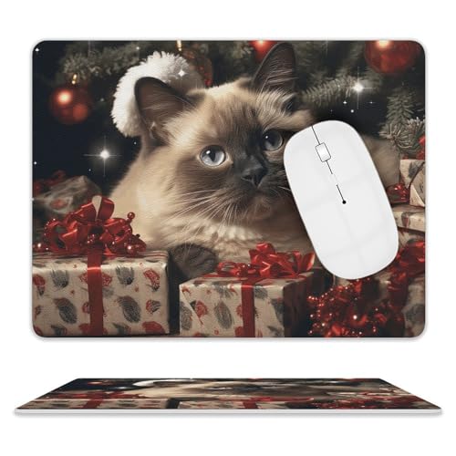 Quadratisches Mauspad, Motiv: Weihnachtliche siamesische Katze, Leder, rutschfeste Gummiunterseite, kleines Mauspad (20,3 x 25,4 cm) von BWQSKL