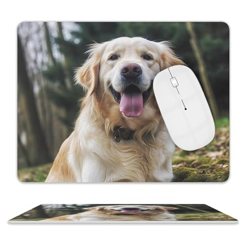 Quadratisches Mauspad, lustiges Golden Retriever, Leder-Mauspad, rutschfeste Gummiunterseite, kleines Mauspad (20,3 x 25,4 cm) von BWQSKL