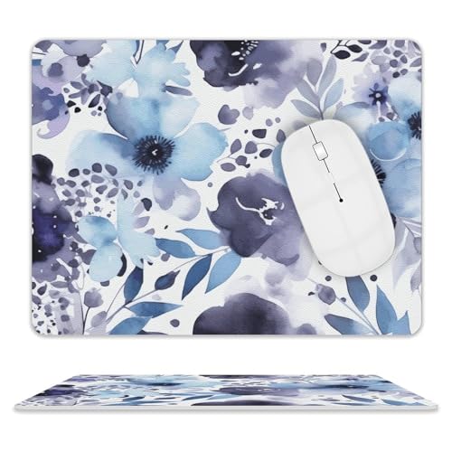 Quadratisches Mauspad, violette Blumen, Aquarell-Leder, rutschfeste Gummiunterseite, kleines Mauspad (20,3 x 25,4 cm) von BWQSKL