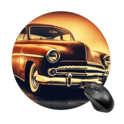 Rundes Mauspad, kleines Mauspad, Mauspad mit Auto, Retro, rutschfeste Gummiunterseite für kabellose Maus, Gaming, Arbeit Rundes Mauspad, kleines Mauspad, Mauspad mit Auto, Retro, rutschfeste Gummiunterseite für kabellose Maus, Gaming, Arbeit von BWQSKL