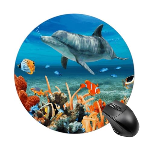 Rundes Mauspad, kleines Mauspad, Mauspad mit Delfinen, blau, rutschfeste Gummiunterseite für kabellose Maus, Gaming, Arbeit Rundes Mauspad, kleines Mauspad, Mauspad mit Delfinen, blau, rutschfeste Gummiunterseite für kabellose Maus, Gaming, Arbeit von BWQSKL