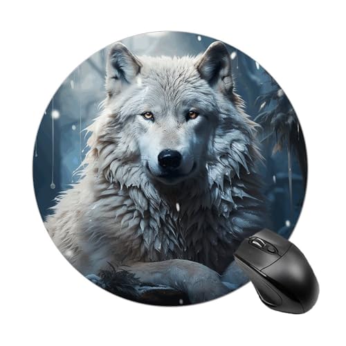 Rundes Mauspad, kleines Mauspad, Mauspad mit Wolf, der im Schnee sitzt, rutschfeste Gummiunterseite für kabellose Maus, Gaming, Arbeit Rundes Mauspad, kleines Mauspad, Mauspad mit Wolf, der im Schnee sitzt, rutschfeste Gummiunterseite für kabellose Maus, Gaming, Arbeit von BWQSKL