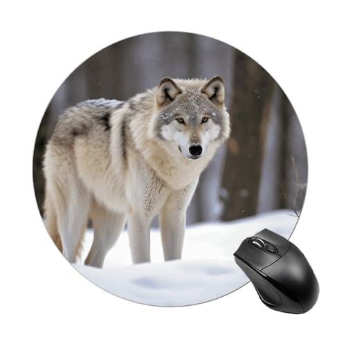 Rundes Mauspad, kleines Mauspad, Mauspad mit Wolf im Schnee, rutschfeste Gummiunterseite für kabellose Maus, Gaming, Arbeit Rundes Mauspad, kleines Mauspad, Mauspad mit Wolf im Schnee, rutschfeste Gummiunterseite für kabellose Maus, Gaming, Arbeit von BWQSKL