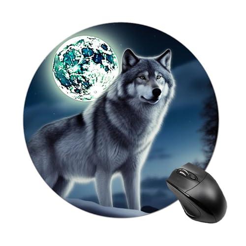 Rundes Mauspad, kleines Mauspad, Mauspad mit Wolf unter dem Mond, rutschfeste Gummiunterseite für kabellose Maus, Gaming, Arbeit Rundes Mauspad, kleines Mauspad, Mauspad mit Wolf unter dem Mond, rutschfeste Gummiunterseite für kabellose Maus, Gaming, Arbeit von BWQSKL