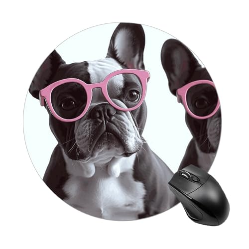 Rundes Mauspad, kleines Mauspad, Mauspad mit französischer Bulldogge, rosa Brille, rutschfeste Gummiunterseite für kabellose Maus, Gaming, Arbeit Rundes Mauspad, kleines Mauspad, Mauspad mit französischer Bulldogge, rosa Brille, rutschfeste Gummiunterseite für kabellose Maus, Gaming, Arbeit von BWQSKL
