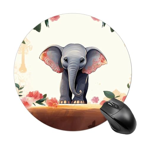 Rundes Mauspad, kleines Mauspad, Mauspad mit glücklichem Elefant, rutschfeste Gummiunterseite für kabellose Maus, Gaming, Arbeit Rundes Mauspad, kleines Mauspad, Mauspad mit glücklichem Elefant, rutschfeste Gummiunterseite für kabellose Maus, Gaming, Arbeit von BWQSKL